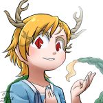  &gt;:) avatar_icon blonde_hair blue_shirt chamaji commentary_request dragon_girl dragon_horns dragon_tail eyebrows_visible_through_hair horns kicchou_yachie lowres red_eyes shirt short_hair simple_background smile tail touhou turtle_shell white_background 
