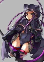  1girl absurdres armor ass_visible_through_thighs black_capelet black_cloak black_gloves black_leotard braid breastplate capelet chain cloak collar covered_navel fate_(series) gloves grey_background hand_on_own_chest highres hood leotard long_hair medusa_(lancer)_(fate) ponytail purple_hair scythe simple_background solo tansaninryousui thigh-highs thigh_gap thigh_strap thighs violet_eyes weapon 