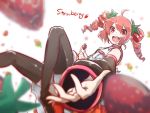  1girl ahoge black_legwear black_sleeves blurry blurry_foreground commentary depth_of_field detached_sleeves drill_hair food fruit hair_ornament highres holding holding_food holding_fruit kasane_teto katai_ameshi knees_up leaf_hair_ornament looking_at_viewer open_mouth reaching_out red_eyes red_skirt redhead shirt skirt sleeveless sleeveless_shirt smile solo strawberry thigh-highs twin_drills utau white_background white_shirt 
