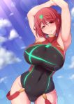 1girl ara_ara armpits breasts competition_swimsuit covered_navel eyebrows_visible_through_hair highres pyra_(xenoblade) large_breasts one-piece_swimsuit ponpo red_eyes redhead short_hair solo squinting swimsuit xenoblade_(series) xenoblade_2 