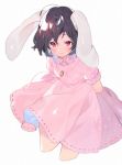  1girl akagashi_hagane animal_ears arms_behind_back black_hair carrot_necklace closed_mouth cropped_legs dress inaba_tewi light_smile looking_at_viewer pink_dress rabbit_ears red_eyes ribbon-trimmed_dress ribbon-trimmed_sleeves ribbon_trim short_hair short_sleeves simple_background solo touhou white_background 