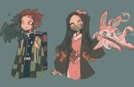  1boy 1girl animal_on_shoulder bird bird_on_shoulder black_hair blue_eyes brother_and_sister charamells commentary corviknight english_commentary gen_6_pokemon gen_8_pokemon grey_background hair_ribbon highres jumping kamado_nezuko kamado_tanjirou kimetsu_no_yaiba long_hair looking_at_viewer mouth_hold on_shoulder one_eye_closed pink_eyes pink_ribbon pokemon pokemon_(creature) pokemon_on_shoulder red_eyes redhead ribbon siblings simple_background smile sword sylveon upper_body weapon 