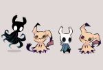  character_request charamells commentary creature crossover english_commentary gen_7_pokemon grey_background hollow_knight knight_(hollow_knight) mimikyu no_humans pokemon pokemon_(creature) simple_background 