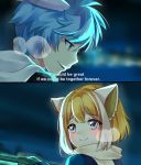  1boy 1girl absurdres aggressive_retsuko blue_eyes blue_hair blurry blurry_background blush closed_mouth donkey_ears english_commentary hair_between_eyes highres humanization multicolored_hair open_mouth orange_hair red_panda_ears retsuko short_hair sidelocks smile subtitled tadano_(aggretsuko) two-tone_hair white_hair yaya_chan 