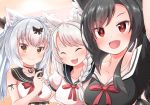  3girls :3 :d ^_^ anchor_choker animal_ear_fluff animal_ears arm_ribbon arm_up azur_lane bangs bare_shoulders black_bow black_hair black_sailor_collar black_shirt blush bow braid breasts cat_ears closed_eyes collarbone commentary_request crop_top crop_top_overhang eyebrows_visible_through_hair fang hair_between_eyes hair_bow hand_up highres hoshino_(s22) long_hair looking_at_viewer medium_breasts multiple_girls neck_ribbon open_mouth ponytail red_eyes red_ribbon ribbon sailor_collar self_shot shigure_(azur_lane) shirt short_eyebrows short_sleeves side_braid sidelocks silver_hair smile swept_bangs thick_eyebrows tied_shirt twintails under_boob upper_body white_sailor_collar wolf_ears wolf_girl yellow_eyes yukikaze_(azur_lane) yuudachi_(azur_lane) 