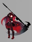  1girl acgearmaker armor armored_boots armored_skirt belt boots bullet cape cloak cross elbow_pads flower full_armor full_body gloves grey_background grey_eyes holding holding_scythe holding_weapon looking_at_viewer plate_armor redhead rose ruby_rose rwby scythe short_hair simple_background skirt solo standing tagme weapon 