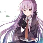  1girl black_gloves black_ribbon braid character_name commentary_request dangan_ronpa dangan_ronpa_1 eyebrows_visible_through_hair flower gloves hair_ribbon highres holding holding_flower jacket kirigiri_kyouko long_hair long_sleeves midou_(grk12138) necktie pleated_skirt purple_hair purple_jacket ribbon shirt side_braid skirt solo violet_eyes white_shirt 