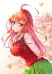  1girl arms_behind_back autumn autumn_leaves blue_eyes blush breasts closed_mouth go-toubun_no_hanayome green_skirt hair_between_eyes hair_ornament highres large_breasts leaf long_hair looking_at_viewer maple_leaf mizukanayuki nakano_itsuki outdoors red_sweater skirt smile solo standing star star_hair_ornament sweater sweater_vest 