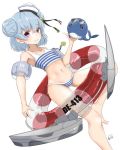  1girl absurdres bikini blue_hair dixie_cup_hat double_bun eyewear_on_head flat_chest hat highres kantai_collection lifebuoy little_blue_whale_(kantai_collection) military_hat navel neve samuel_b._roberts_(kantai_collection) short_hair simple_background solo striped striped_bikini sunglasses swimsuit violet_eyes whale white_background white_headwear 