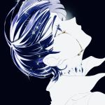  1other androgynous black_background blue_eyes blue_hair bowl_cut cherea colored_eyelashes crying crying_with_eyes_open crystal crystal_hair floating_hair from_side highres houseki_no_kuni liquid looking_away looking_up phosphophyllite phosphophyllite_(ll) portrait profile short_hair simple_background solo sparkle spoilers tears 