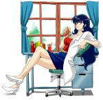  annoyed bangs black_hair breasts crossed_legs crumbs denim denim_skirt desk eating ghost_(mausuman34) high_heels looking_at_viewer medium_breasts red_shirt sakura_(urusei_yatsura) school_nurse shirt sitting skirt slouching urusei_yatsura white_footwear window 