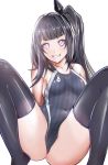  1girl absurdres aiuchi architect_(girls_frontline) black_hair black_legwear black_swimsuit commentary_request competition_swimsuit feet_out_of_frame girls_frontline grin highleg highleg_swimsuit highres long_hair looking_at_viewer one-piece_swimsuit one_side_up pink_eyes sangvis_ferri simple_background sitting smile solo striped striped_swimsuit swimsuit thigh-highs white_background 