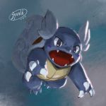  blue_background blue_eyes blue_theme claws commentary_request creature fangs full_body gen_1_pokemon highres jumping jyunhh no_humans pokemon pokemon_(creature) signature simple_background solo wartortle 
