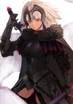  1girl armor black_armor black_cape black_gloves black_legwear blonde_hair breasts cape chain chienon fate/grand_order fate_(series) gloves headpiece highres holding holding_sword holding_weapon jeanne_d&#039;arc_(alter)_(fate) jeanne_d&#039;arc_(fate)_(all) looking_at_viewer medium_breasts over_shoulder plackart short_hair solo sword sword_over_shoulder thigh-highs vambraces weapon weapon_over_shoulder yellow_eyes 