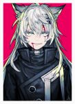  1girl absurdres animal_ear_fluff animal_ears arknights bangs blood blood_from_mouth blood_on_face border closed_mouth eyebrows_visible_through_hair grey_eyes hair_between_eyes hair_ornament hairclip highres huge_filesize lappland_(arknights) long_hair looking_at_viewer red_background sanpaku scar scar_across_eye silver_hair simple_background smile solo upper_body white_border wolf_ears 