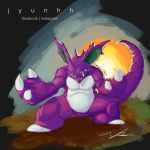  claws commentary_request creature fangs full_body gen_1_pokemon jyunhh legs_apart nidoking no_humans pokemon pokemon_(creature) sharp_teeth signature solo standing teeth 