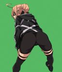  1girl ahoge artoria_pendragon_(all) ass bent_over bike_shorts black-framed_eyewear blonde_hair braid commentary_request fate/grand_order fate_(series) french_braid from_behind fu-ta garter_straps glasses green_background jacket looking_to_the_side mysterious_heroine_x_(alter) semi-rimless_eyewear simple_background solo thigh-highs under-rim_eyewear yellow_eyes 