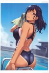  1girl absurdres artist_name ass bare_shoulders blue_sky breasts clouds cloudy_sky dark_skin day highres holding ishigaki_takashi long_hair medium_breasts one-piece_swimsuit outdoors page_number parted_lips pool scan shiny shiny_hair sky solo swimsuit thighs toranoana towel water 