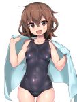  1girl :d black_swimsuit blush breasts brown_eyes brown_hair collarbone cowboy_shot eyebrows_visible_through_hair fang hair_between_eyes hair_ornament hairclip highres ikazuchi_(kantai_collection) kantai_collection one-piece_swimsuit open_mouth school_swimsuit short_hair siesta_(artist) simple_background small_breasts smile solo swimsuit v-shaped_eyebrows white_background 