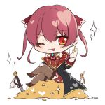  1girl ;p blush chibi coat crossed_legs eyebrows_visible_through_hair gold hair_between_eyes heart highres holding holding_coin hololive houshou_marine megmilk-uk one_eye_closed pleated_skirt red_eyes red_neckwear redhead sitting sketch skirt solo sword thigh-highs tongue tongue_out treasure twintails weapon 