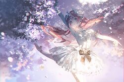  1girl ballet ballet_slippers bangs blue_eyes blush bow branch cherry_blossoms dress fajyobore323 flower hair_ornament long_hair original petals pink_hair solo sparkle white_dress 