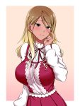  1girl aki_(aoirowings) black_eyes blonde_hair blush breasts brown_hair closed_mouth dark_skin dress eyebrows_visible_through_hair gradient_hair hair_between_eyes highres idolmaster idolmaster_shiny_colors izumi_mei lace lace-trimmed_dress large_breasts long_hair long_sleeves looking_at_viewer multicolored_hair pinafore_dress purple_dress scratching_cheek shirt solo white_shirt 