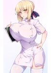  1girl absurdres alternate_breast_size artoria_pendragon_(all) blonde_hair blush breasts clipboard cowboy_shot fate/stay_night fate_(series) hair_ribbon highres hirasawa_seiji huge_breasts looking_at_viewer nurse open_mouth ribbon saber_alter short_hair solo speech_bubble thigh-highs thighs tied_hair white_legwear yellow_eyes 