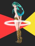  1girl alien animal_print arms_behind_back blue_eyes blue_hair from_behind horns looking_back lum oni_horns pointy_ears solo teikoku_jokyoku tiger_print urusei_yatsura 