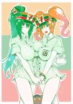  2girls 7-eleven absurdres baozi bare_legs blonde_hair bracelet breast_squeeze breasts cat character_request cigar_cat copyright_request fang food green_eyes green_hair highres holding_hands jewelry long_hair multiple_girls open_mouth ponytail tied_hair twintails uniform violet_eyes visor_cap 