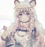  1girl animal_ear_fluff animal_ears arknights bell blue_eyes braid closed_mouth coat expressionless eyebrows_visible_through_hair holding jewelry leopard_ears long_hair looking_at_viewer necklace pramanix_(arknights) rainbow sidelocks silver_hair solo yizhi_yishi 