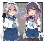  2girls bangs black_legwear blue_eyes blue_neckwear blue_sailor_collar blue_skirt blush commentary_request cowboy_shot eyebrows_visible_through_hair gloves gradient_hair hair_ornament hat highres hirato_(kantai_collection) kantai_collection long_hair looking_at_viewer multicolored_hair multiple_girls neckerchief open_mouth pleated_skirt puffy_short_sleeves puffy_sleeves purple_hair ryuun_(stiil) sailor_collar sailor_hat school_uniform serafuku shaded_face short_hair short_sleeves sidelocks simple_background skirt smile thigh-highs tsushima_(kantai_collection) violet_eyes white_gloves 
