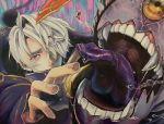  1boy copyright_request covered_mouth earrings eyes_visible_through_hair fingernails hair_over_one_eye highres jewelry male_focus microroro108 monster one-eyed open_mouth purple_tongue reaching_out saliva teeth tongue tongue_out veins violet_eyes white_hair yellow_eyes 