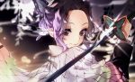  1girl black_hair blurry blurry_background butterfly_hair_ornament closed_mouth from_side gradient_hair hair_intakes hair_ornament haori holding holding_sword holding_weapon japanese_clothes kimetsu_no_yaiba kochou_shinobu long_sleeves looking_at_viewer multicolored_hair otoufu_(gotouhu) purple_hair shiny shiny_hair short_hair signature smile solo sparkle sword upper_body violet_eyes weapon 