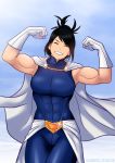  1girl abs biceps black_hair bodysuit boku_no_hero_academia cape closed_eyes clouds commission elee0228 flexing gloves highres muscle muscular_female pose shamserg shimura_nana short_hair sky smile solo teeth tight watermark white_cape white_gloves 