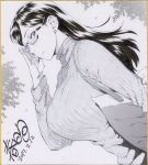  1girl adjusting_eyewear bag blush check_artist closed_mouth dated earrings fingernails glasses greyscale jewelry kasuga_shun long_hair monochrome original outdoors petals signature solo sweater takuji_(dekosenn) tree turtleneck turtleneck_sweater 