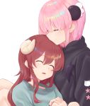  2girls absurdres ahoge blush brown_hair chiyoda_momo closed_eyes curled_horns daifuku_(tkja3555) demon_girl demon_horns eyebrows_visible_through_hair hair_ornament highres horns long_hair machikado_mazoku multiple_girls open_mouth pink_hair shiny shiny_hair short_hair sleeping sleeping_on_person sweater yoshida_yuuko_(machikado_mazoku) 