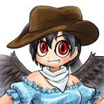  1girl avatar_icon bandana bare_shoulders black_hair black_wings blue_shirt brown_headwear chamaji commentary cowboy_hat eyebrows_visible_through_hair feathered_wings hair_between_eyes hat kurokoma_saki looking_at_viewer lowres off-shoulder_shirt off_shoulder ponytail shirt signature smile solo touhou upper_body white_background wings 