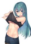  1girl bangs black_tank_top blue_eyes blue_hair blue_shorts blush breasts cowboy_shot denim denim_shorts hair_between_eyes highres kagematsuri long_hair looking_at_viewer medium_breasts midriff navel open_mouth original shirt_lift shorts simple_background smile solo tank_top under_boob undressing white_background 