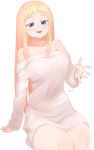  1girl :d bare_shoulders blonde_hair breasts dress highres long_hair off_shoulder open_mouth original ryusei_hashida simple_background sitting smile solo white_background white_dress 