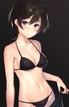  1girl bangs bikini black_background black_bikini black_hair blush breasts closed_mouth collarbone cowboy_shot hair_between_eyes halter_top halterneck hand_up highres holding kagematsuri looking_at_viewer medium_breasts mole mole_under_mouth navel original short_hair sidelocks solo swimsuit violet_eyes 