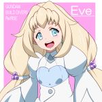  1girl bangs beads blonde_hair blue_eyes character_name copyright_name earrings eve_(gundam_build_divers_re:rise) eyebrows_behind_hair gundam gundam_build_divers gundam_build_divers_re:rise hair_beads hair_ornament jewelry kunney long_hair low-tied_long_hair open_mouth solo 