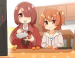  2girls blush brown_eyes brown_hair chopsticks commentary_request eating eyebrows_visible_through_hair food fruit hair_over_one_eye hair_tie handheld_game_console hanten_(clothes) highres holding holding_chopsticks hood hoodie hoshino_hinata hoshino_miyako_(wataten) indoors kotatsu looking_at_viewer mandarin_orange manse multiple_girls nintendo_switch noodles ramen siblings sisters smile table television watashi_ni_tenshi_ga_maiorita! 