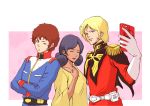  1girl 2boys absurdres amuro_ray black_hair blonde_hair brown_hair cellphone char_aznable dark_skin dragonballsakurai earth_federation grey_eyes gundam highres lalah_sune mobile_suit_gundam multiple_boys one_eye_closed phone shirt smartphone taking_picture uniform yellow_shirt zeon 