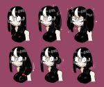  +++ 1girl alternate_hairstyle arrow_(symbol) bare_shoulders black_hair bow breasts closed_mouth commentary english_commentary hair_bow hair_bun jitome large_breasts long_hair multicolored_hair multiple_views noss_(rariatto) original ponytail rariatto_(ganguri) red_background red_bow ribbed_sweater sanpaku short_hair simple_background smile sweater twintails two-tone_hair 