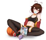  1girl basketball brown_eyes brown_hair chewing_gum choker cover emiko_(soveno) highres jacket magazine_cover midriff navel original shoes short_hair shorts sitting sneakers solo soveno sports_bra sportswear thigh-highs white_background 