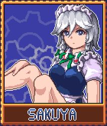  apron blue_dress blue_eyes bow braid breasts dress frills gears green_bow izayoi_sakuya legs_up looking_at_viewer maid maid_apron maid_headdress medium_hair nukekip pixel_art short_sleeves silver_hair the_embodiment_of_scarlet_devil touhou twin_braids 