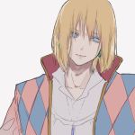  1boy blonde_hair blue_eyes closed_mouth earrings highres howl_(howl_no_ugoku_shiro) howl_no_ugoku_shiro jewelry looking_at_viewer male_focus necklace simple_background smile solo 