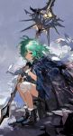  1girl alchemaniac bandages boots cloak clouds expressionless granblue_fantasy green_eyes green_hair hair_over_one_eye highres kolulu_(granblue_fantasy) long_hair looking_at_viewer messy_hair parted_lips polearm sitting sketch sky solo spear weapon 