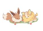 charamells closed_eyes commentary creature eevee english_commentary facing_another fang flower full_body gen_1_pokemon gen_8_pokemon grass lying no_humans on_stomach pokemon pokemon_(creature) simple_background tongue tongue_out white_background yamper 