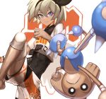  1girl barefoot black_bodysuit blue_eyes bodysuit bodysuit_under_clothes breasts closed_mouth commentary cowboy_shot dark_skin eyelashes gen_2_pokemon hair_between_eyes hairband highres hitmontop knee_pads knee_up looking_at_viewer pokemon pokemon_(game) pokemon_swsh saitou_(pokemon) shirt short_hair short_shorts short_sleeves shorts silver_hair simple_background small_breasts sweatband tied_shirt upside-down white_background white_shirt white_shorts wristband ziu 
